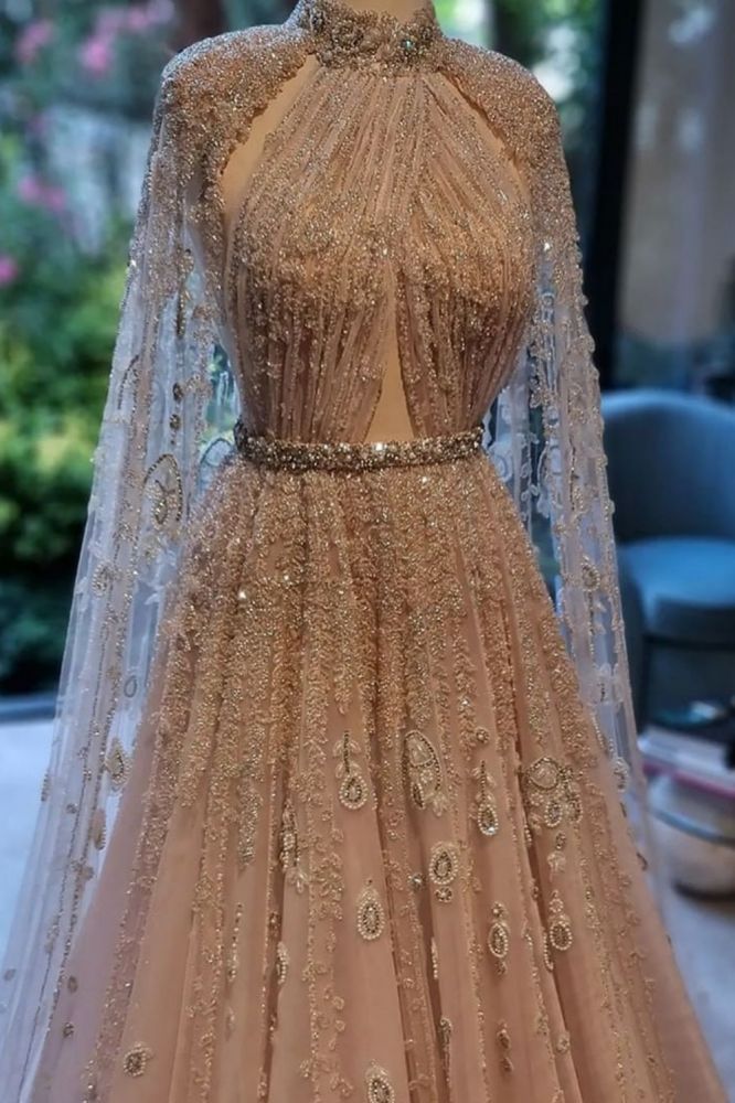 Halter Tulle Beadings Floor-Length Evening Dress with Cap Sleeves Tulle Party Dress