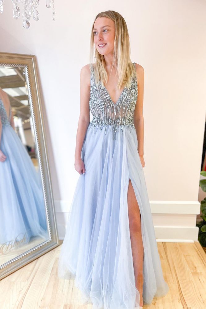 A-Line Deep V-neck Beading Floor-length Tulle Backless Ruffles Prom Dress With Side Slit