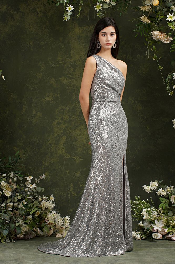 Silver One Shoulder Sleeveless Meramid Long Prom Dress