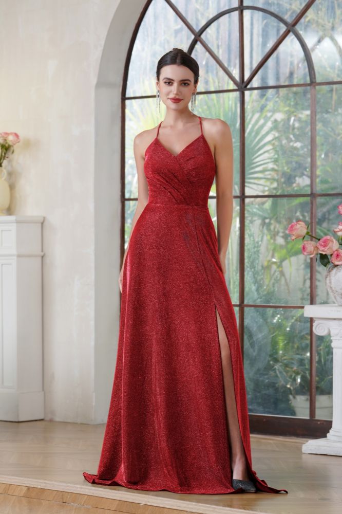 Halter Sparkly Sequins Floor Length Evening Dress V-neck Side Split Party Dresses with Pockets