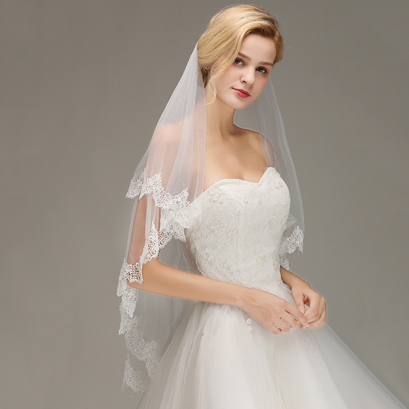 Elegant Two Layers Lace Edge Wedding Veil Appliques Long Bridal Veil