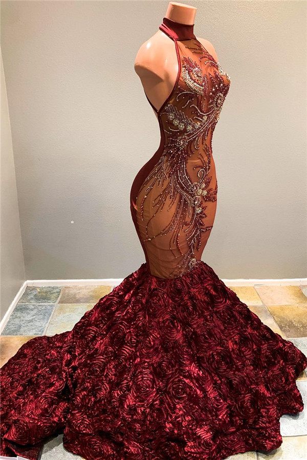 Halter Fit and Flare Flowers Maroon Prom Dresses | Full Beads Sequins Luxury Evening Dress bc1634