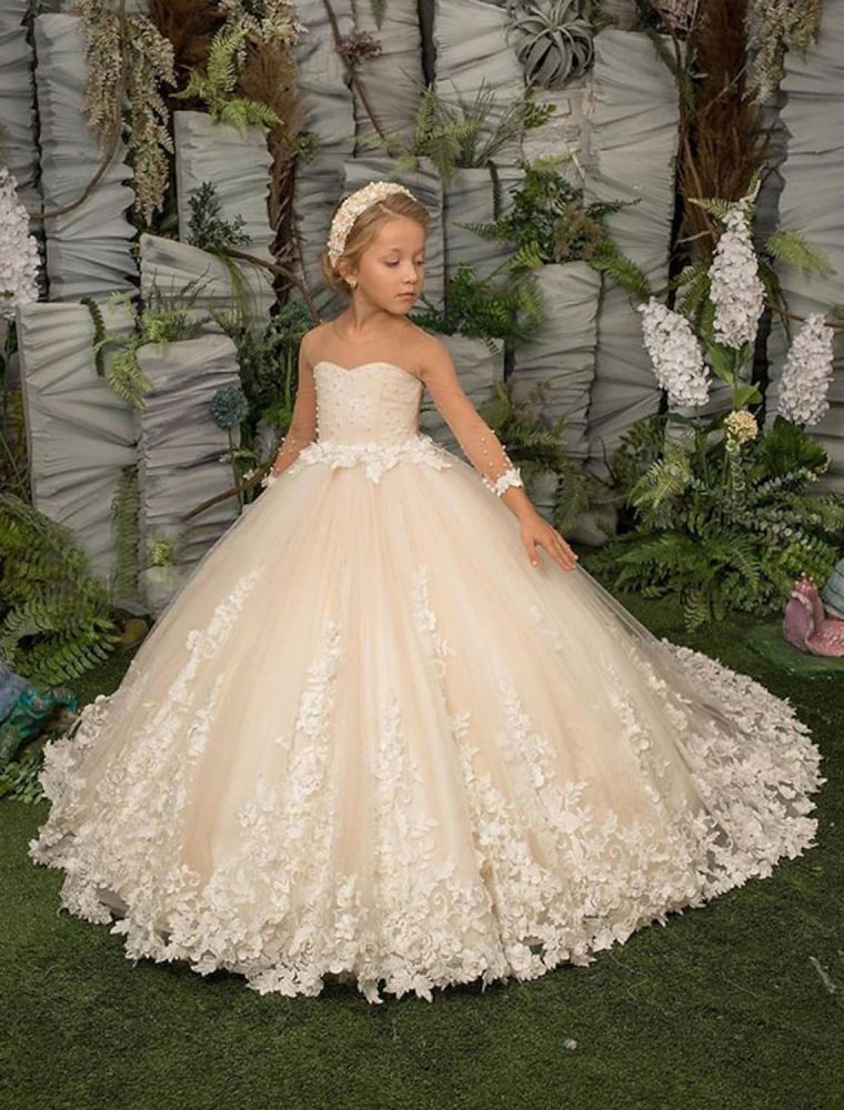 Elegant Princess Flower Girl Dresses with Long Sleeves Floral Tulle Appliques Birthday Party Dress for Kids-Babyonlinewholesale