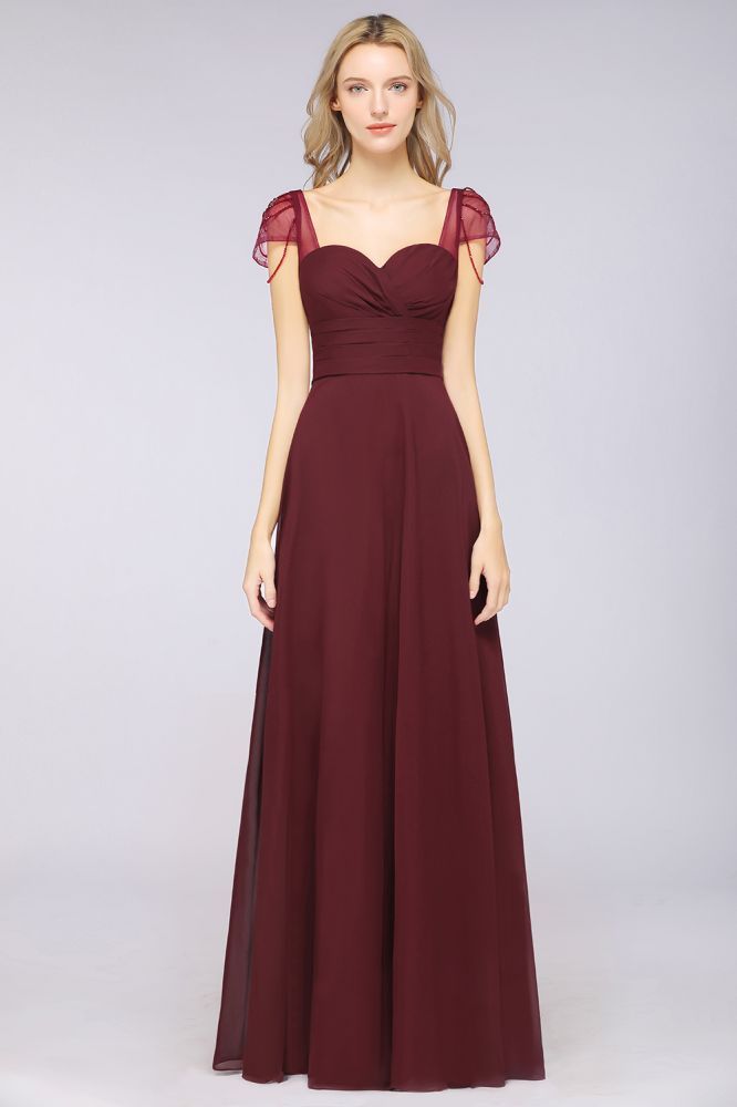 Chiffon A-Line Sweetheart Cap-Sleeves Ruffle Long Bridesmaid Dress with Beadings