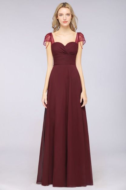 Chiffon A-Line Sweetheart Cap-Sleeves Ruffle Long Bridesmaid Dress with Beadings