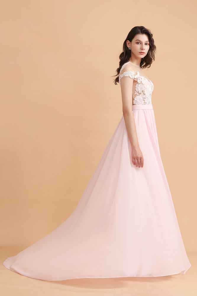 Cap Sleeves Lace Appliques Bridesmaid Dress Pink Chiffon Aline Wedding Party Dress with Side Slit