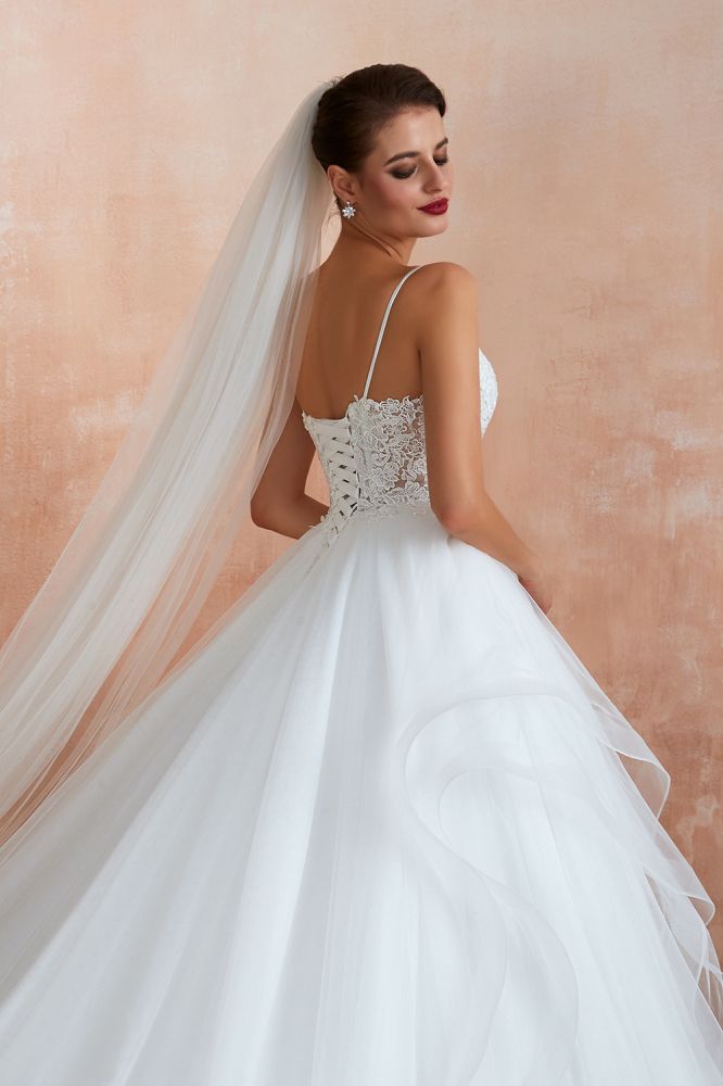 Camille | White Ball Gown Wedding Dress with Chapel Train, Spaghetti Strap See-through Lace up Bridal Gowns for Sale-Babyonlinewholesale