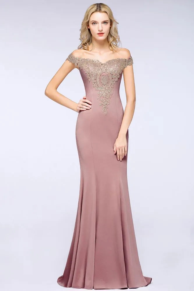 Simple Off-the-shoulder Burgundy Formal Dress with Lace Appliques