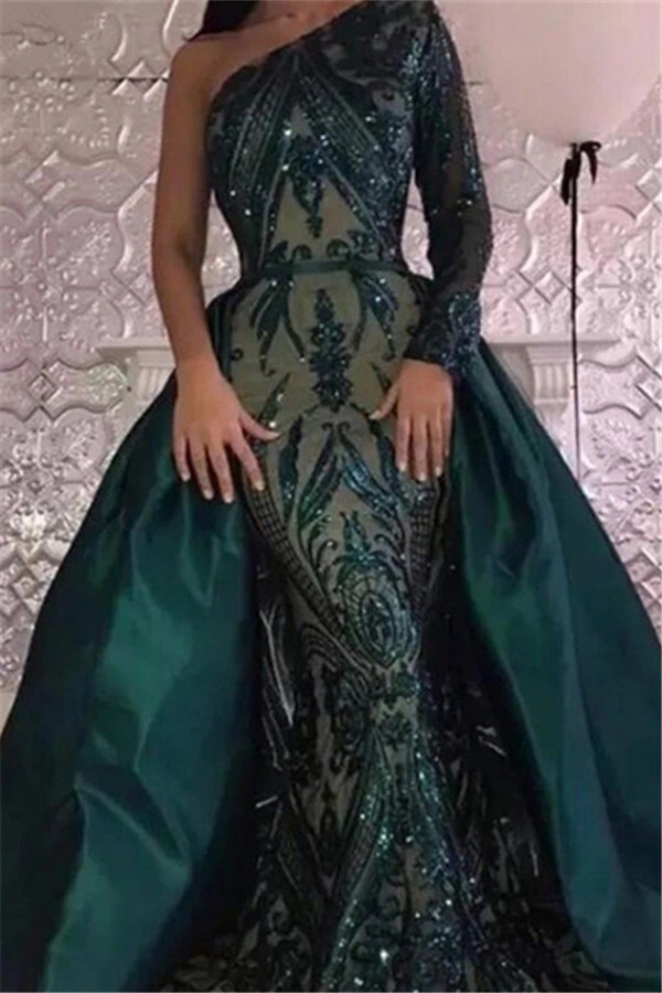 Emerald green One Shoulder Sequins Evening Dresses with Overskirt | Elegant Long sleeves Mermaid Prom Dresses BA7441