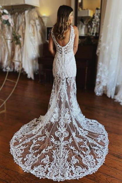 Stylish Floral Lace Mermaid Wedding Dress Deep V-Neck Front Slit Bridal Dress