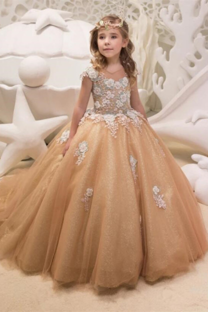 Lovely Long Champagne Cap Sleeves Flower Girl Dresses WIth Lace Up| Jewel Tulle Kids Dresses For Wedding-Babyonlinewholesale