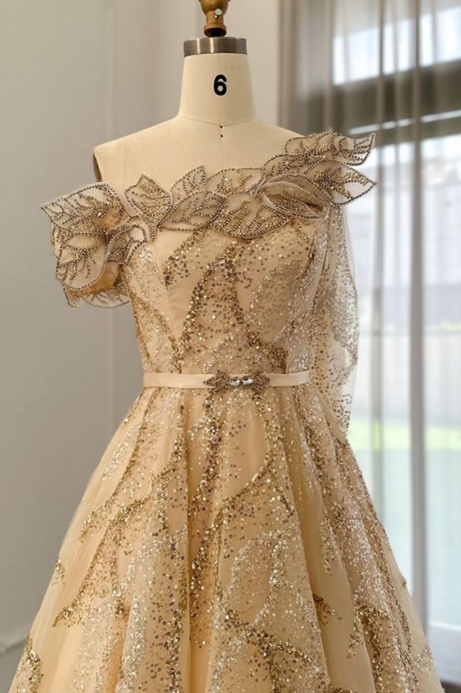 Luxury One Shoulder Shiny Sequins Aline Ball Gown Evening Dress with Sash