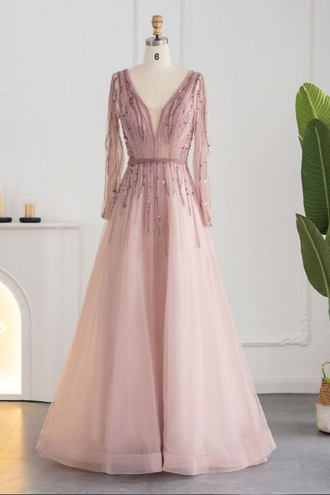 Elegant Sequins Beading A-line Eveing Party Dress V-neck Long Sleeves Tulle Party Gown