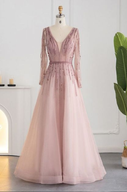 Elegant Sequins Beading A-line Eveing Party Dress V-neck Long Sleeves Tulle Party Gown