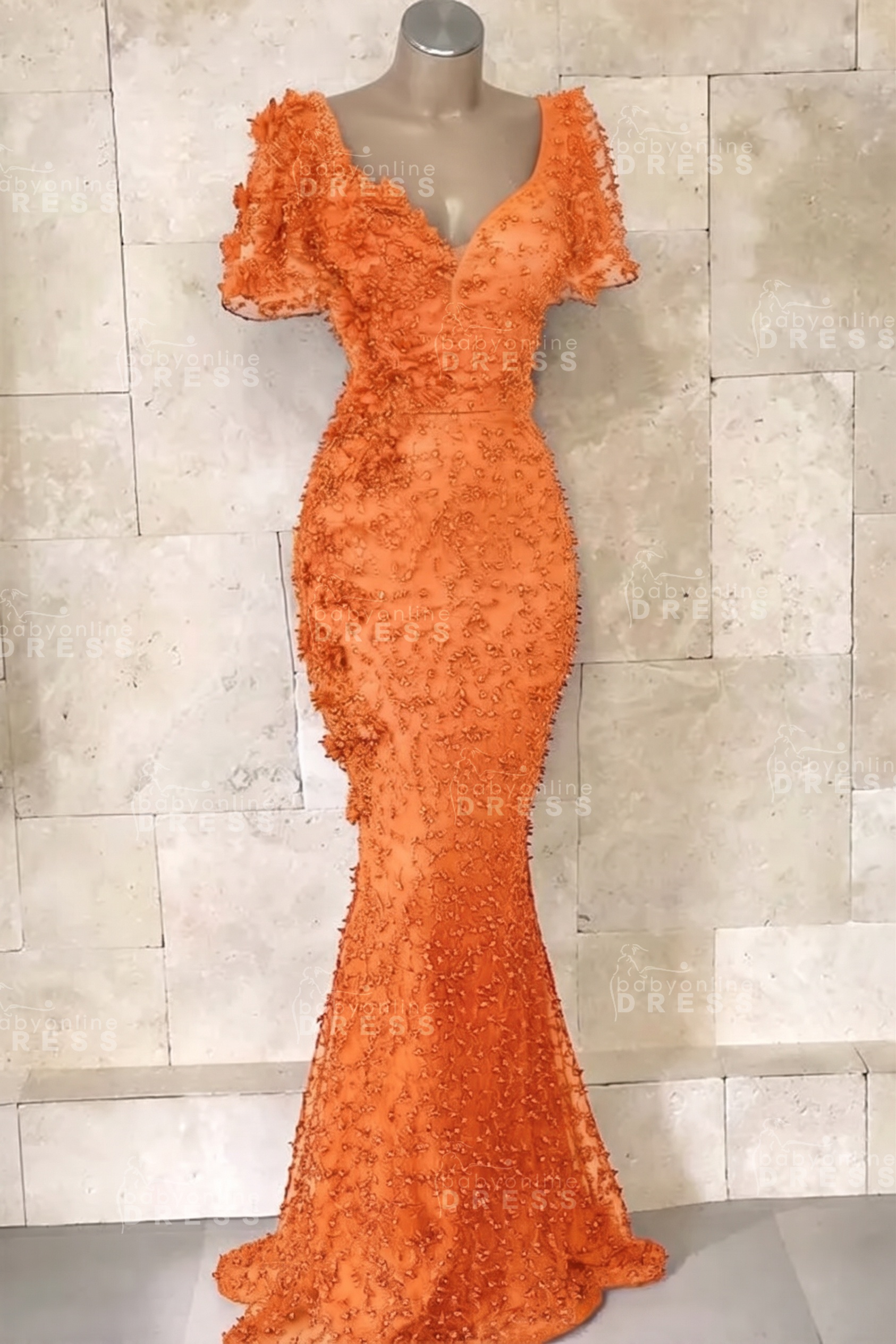 Glamorous V-Neck Short Sleeves Beading Flower Mermaid Floor-Length Prom Dresses