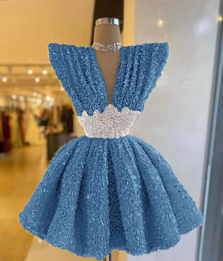 V Neck Sleeveless A Line Short Prom Dress With Pleated Sequins