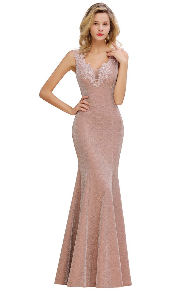 Sparkly Deep V-neck Long Evening Dresses | Elegant Flowers Neck Sleeveless Pink Floor-length Formal Dress-Babyonlinewholesale