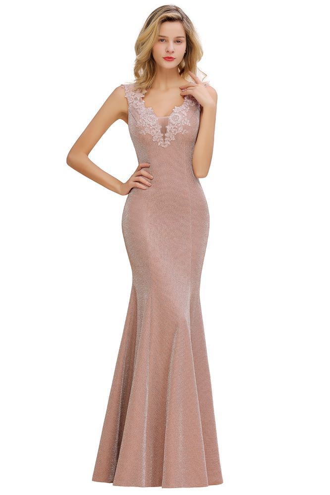Sparkly Deep V-neck Long Evening Dresses | Elegant Flowers Neck Sleeveless Pink Floor-length Formal Dress-Babyonlinewholesale