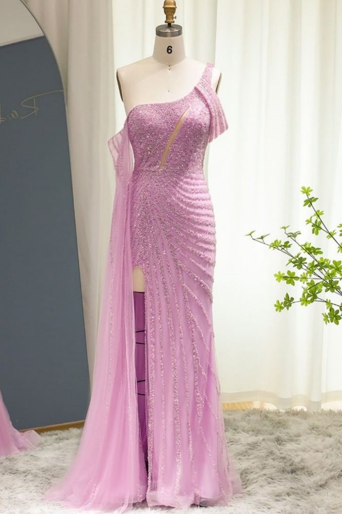 One Shoulder Mermaid Evening Dresses Cape Sleeve Luxury Dubai Formal Dress