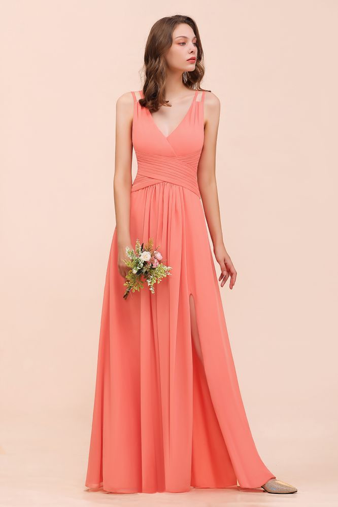 Charming V-Neck Beach Bridesmaid Dress Aline Chiffon Wedding Guest Dress with Side Slit