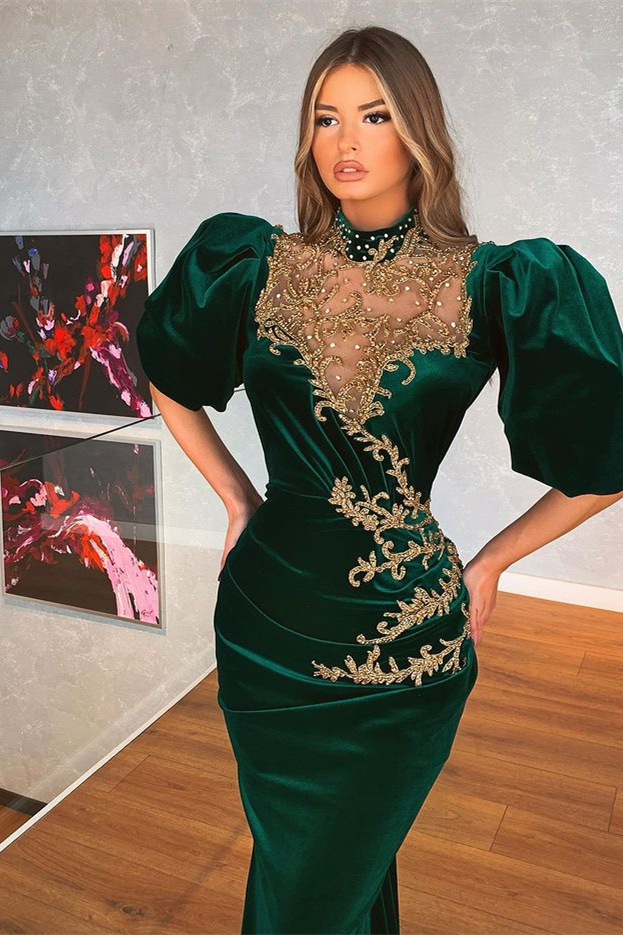 Bubble Sleeves Satin Gold Appliques Mermaid Prom Dresses