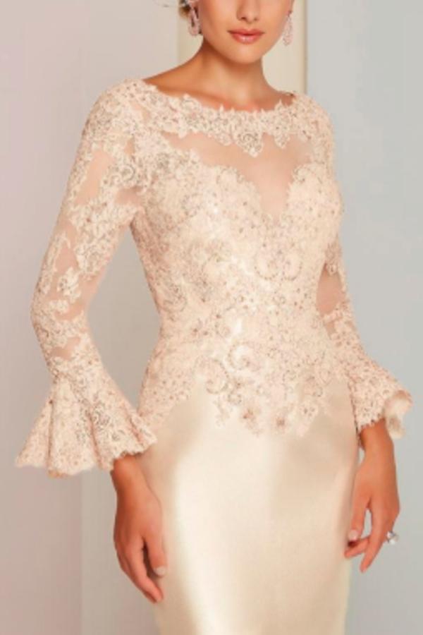Long sleeves Ivory mermaid knee length Lace Mother of the bride dress