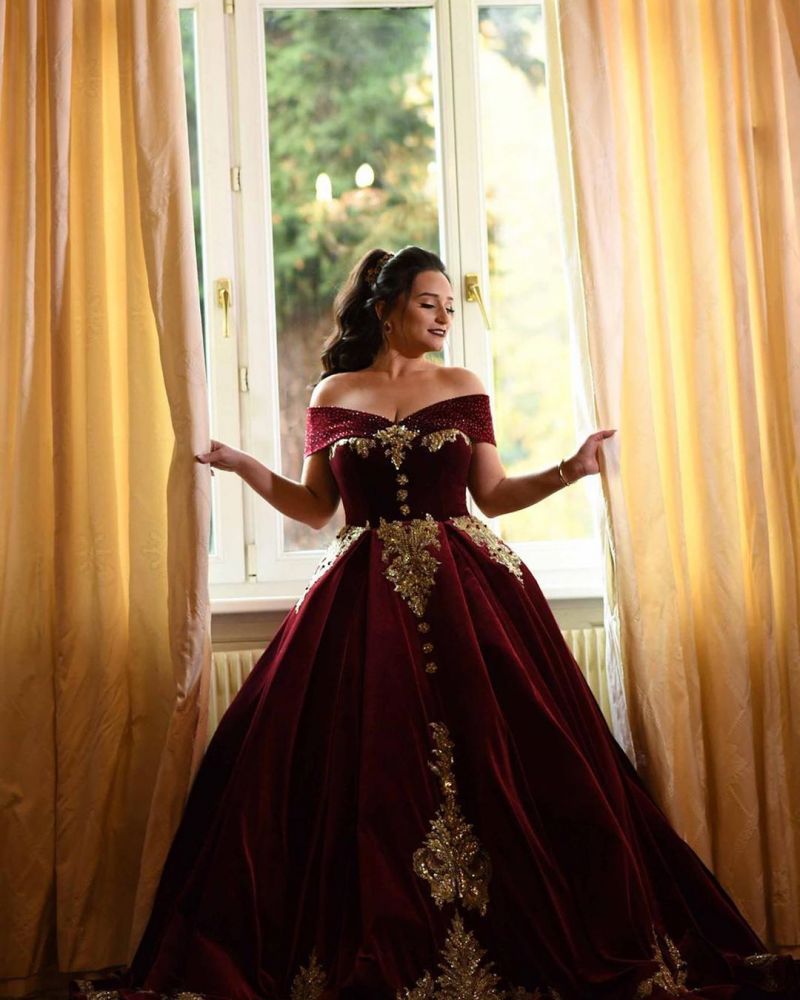 Off-the-shoulder Dark Burgundy Golden appliques Ball Gown Evening Dress