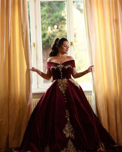 Off-the-shoulder Dark Burgundy Golden appliques Ball Gown Evening Dress