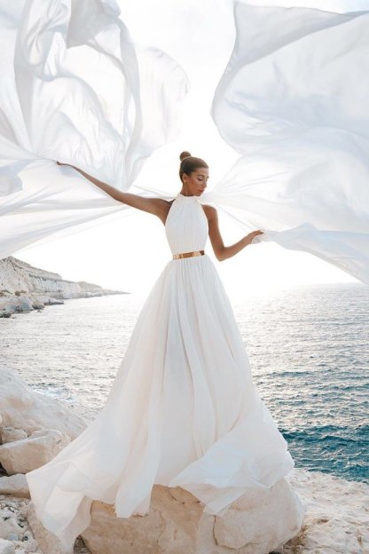 Halter White Chiffon Beach Wedding Dress Long Simple Bridal Dress with Split