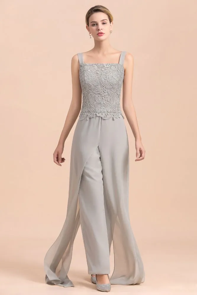 Silver Chiffon Motherr of the Bride Dress Lace Appliques JumpSuit with Long Sleeves