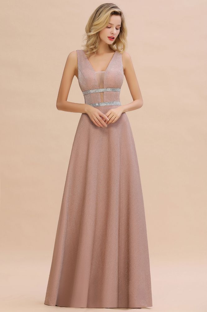 Sparkly Deep V-neck Long Evening Dresses with Shining Belt | Elegant Sleeveless V-back Pink Formal Dress-Babyonlinewholesale