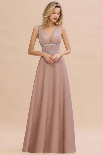 Sparkly Deep V-neck Long Evening Dresses with Shining Belt | Elegant Sleeveless V-back Pink Formal Dress-Babyonlinewholesale