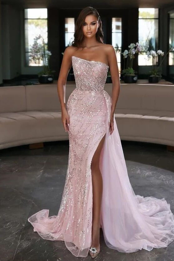 Strapless Pearl Pink A-line High Split Prom Dresses