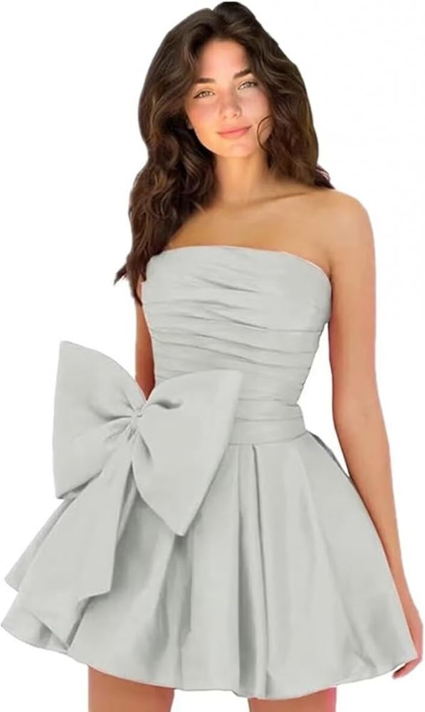 Chic Ruched Satin Short Homecoming Dresses Strapless Knee Length Party Dress with Bow