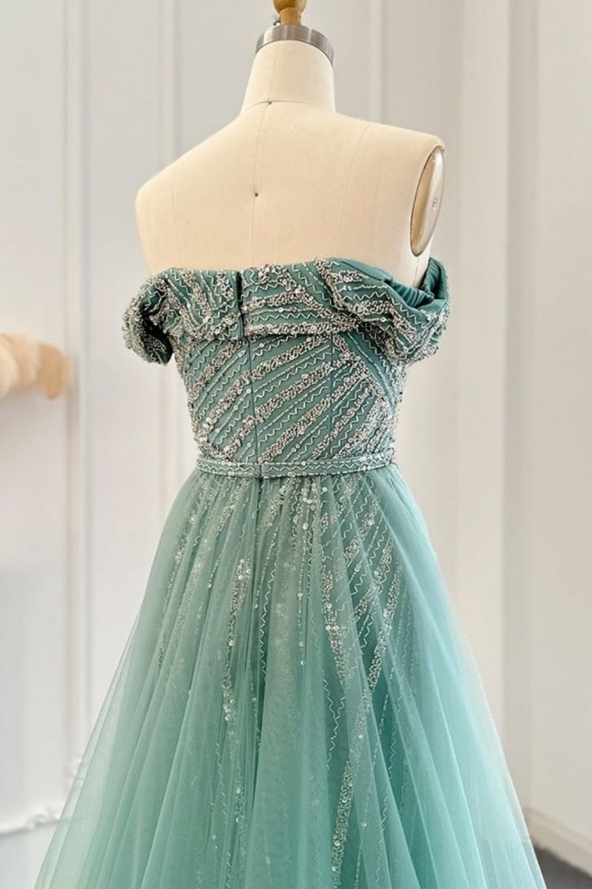Charming Strapless Beading Mermaid Evening Dress Dubai Tulle Party Gown with Sweep Train