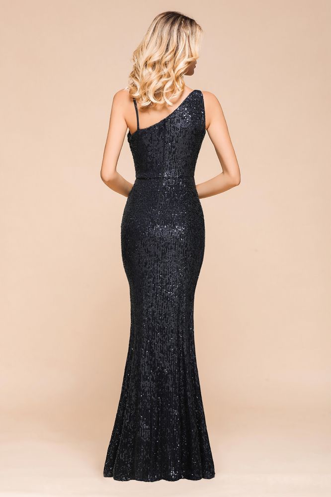 Timeless Black Sequined One shoulder Column High Split Prom Dress