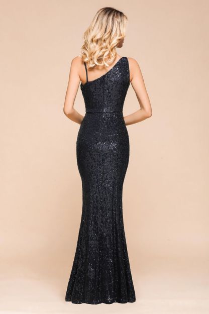 Timeless Black Sequined One shoulder Column High Split Prom Dress
