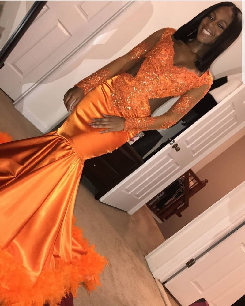 Chic V-Neck Long Sleeves Appliques Tulle Sequins Mermaid Floor-Length Prom Dresses