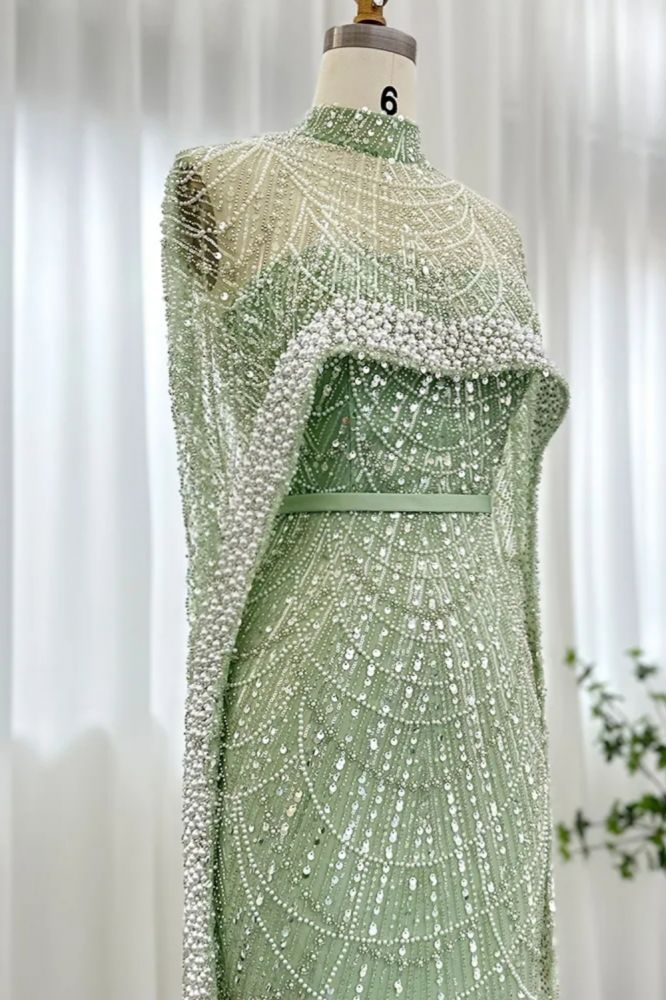 Luxury Pearls Dubai Mermaid Evening Dress with Cape Sleeves Seequined Floor Length Party Dress