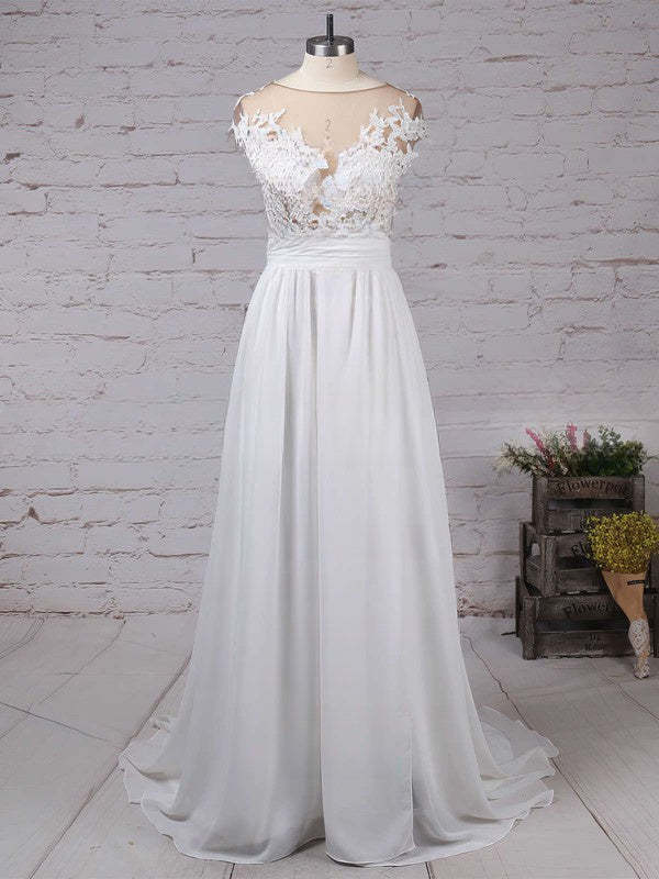 Cap sleeves High Split V-neck Lace Chiffon Wedding Dress