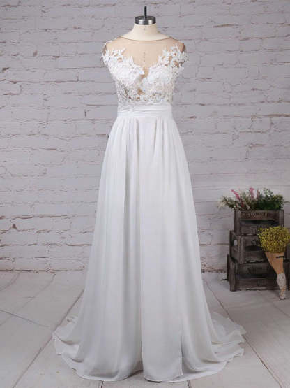 Cap sleeves High Split V-neck Lace Chiffon Wedding Dress