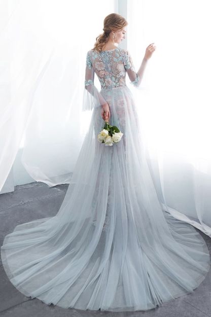 NAOMI | Sheath Long Sleeves Sheer Neckline Appliqued Flowers Evening Dresses