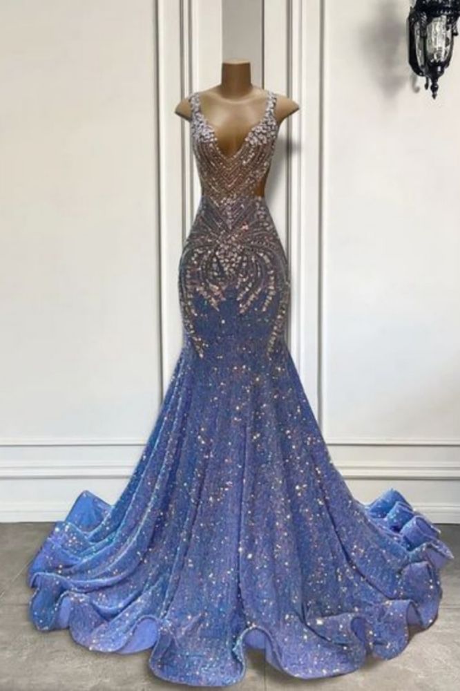 Stunning V-Neck Glitter Crystals Mermaid Prom Dress Sleeveless Long Party Dress