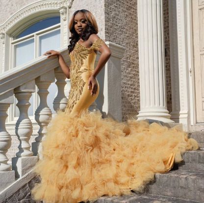 Gold Beads Appliques Fit and Flare Prom Dresses | Off The Shoulder Tulle Ruffles Evening Gowns