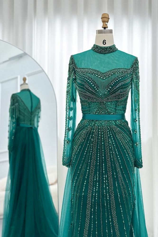Gorgeous High Neck Beading Sequins Mermaid Evening Gown Long Sleeves Tulle Party Dress with Sweep Train-Babyonlinewholesale