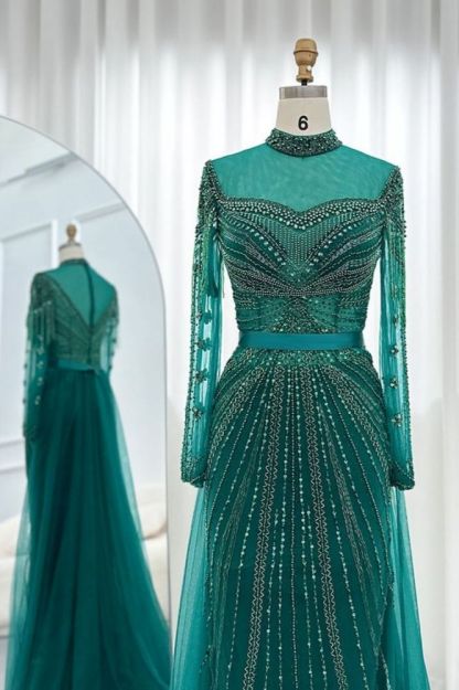 Gorgeous High Neck Beading Sequins Mermaid Evening Gown Long Sleeves Tulle Party Dress with Sweep Train-Babyonlinewholesale