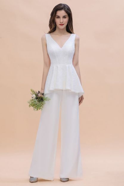 White V-Neck Jumpsuit Wedding with Side Slit