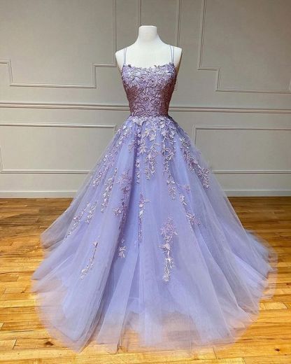 Spaghetti Straps Floral Lace Aline Evening Gown Sleeveless Prom Dress