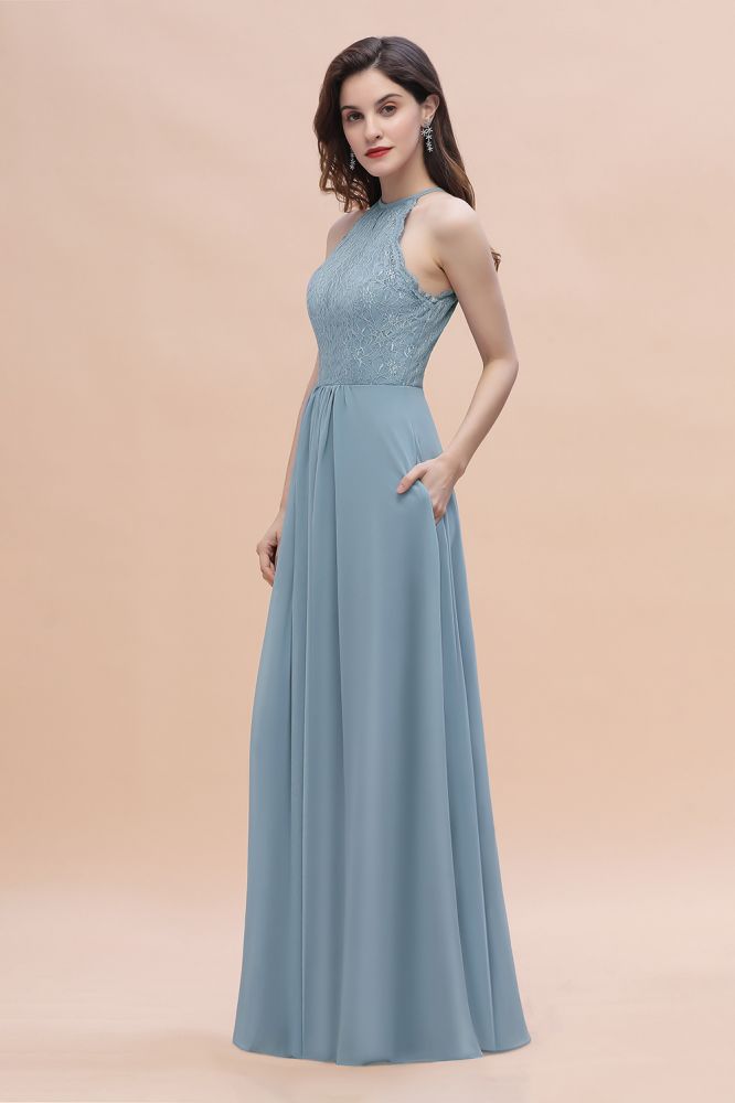 Halter Floral Lace Wedding Guest Dress Sleeveless Chiffon Long Formal Dress
