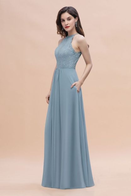 Halter Floral Lace Wedding Guest Dress Sleeveless Chiffon Long Formal Dress